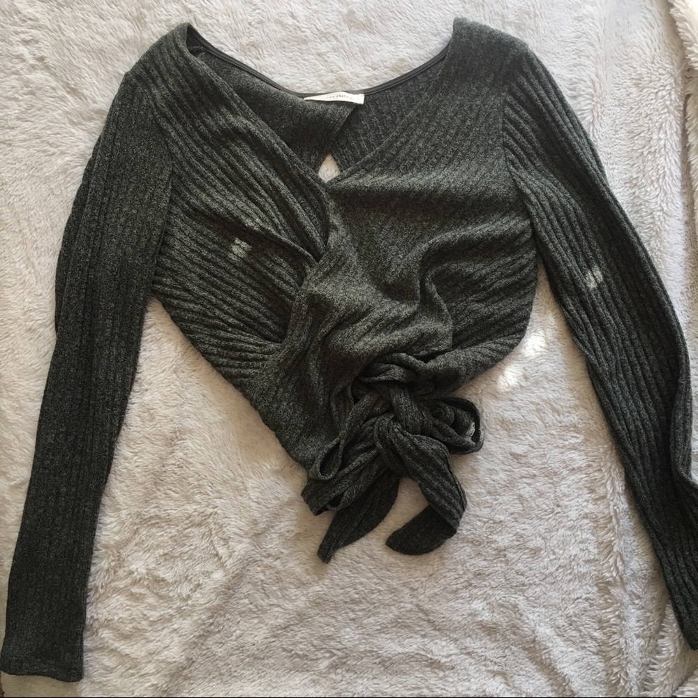 Green Tie Up Cropped Sweater